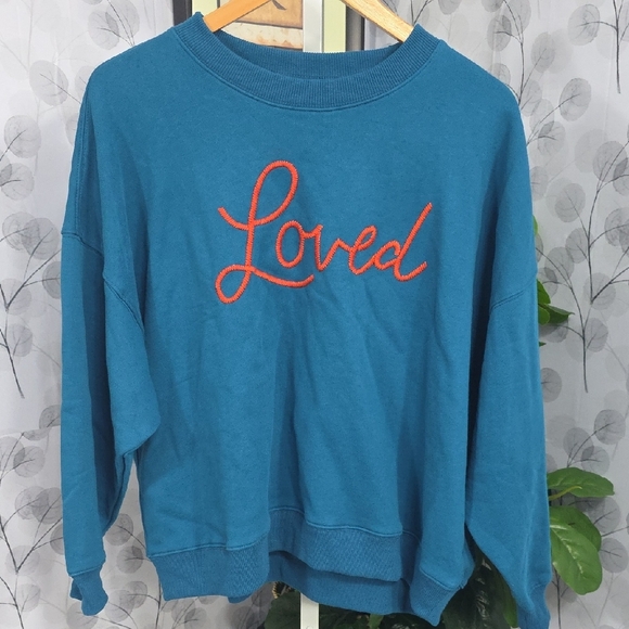 NATURAL LIFE Loved Script Chain-Stitch Sweatshirt in Teal - Picture 6 of 9